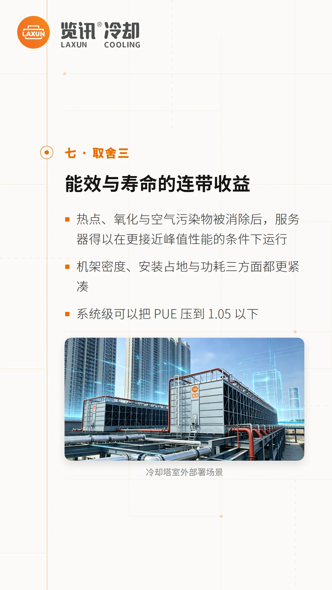 浸没式液冷的能效与寿命连带收益，附冷却塔室外部署场景图